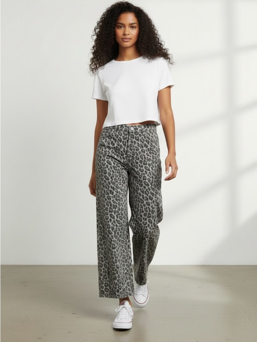 1150. Leopard print wide leg raw hem denim